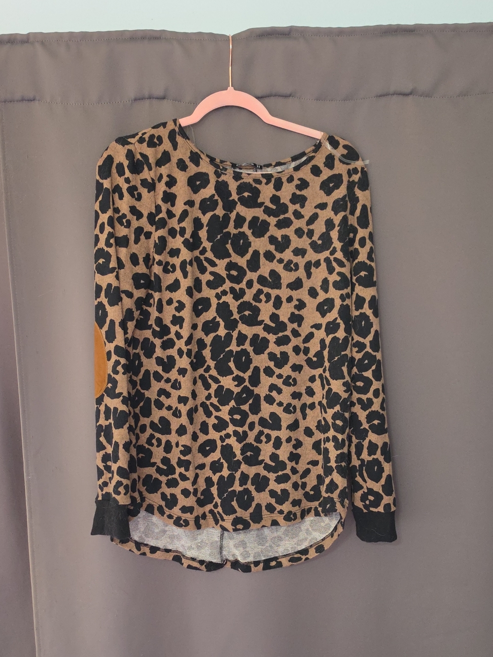 Pink Clover Leopard Print Long Sleeve Top in Tan and Black with Elbow Patch